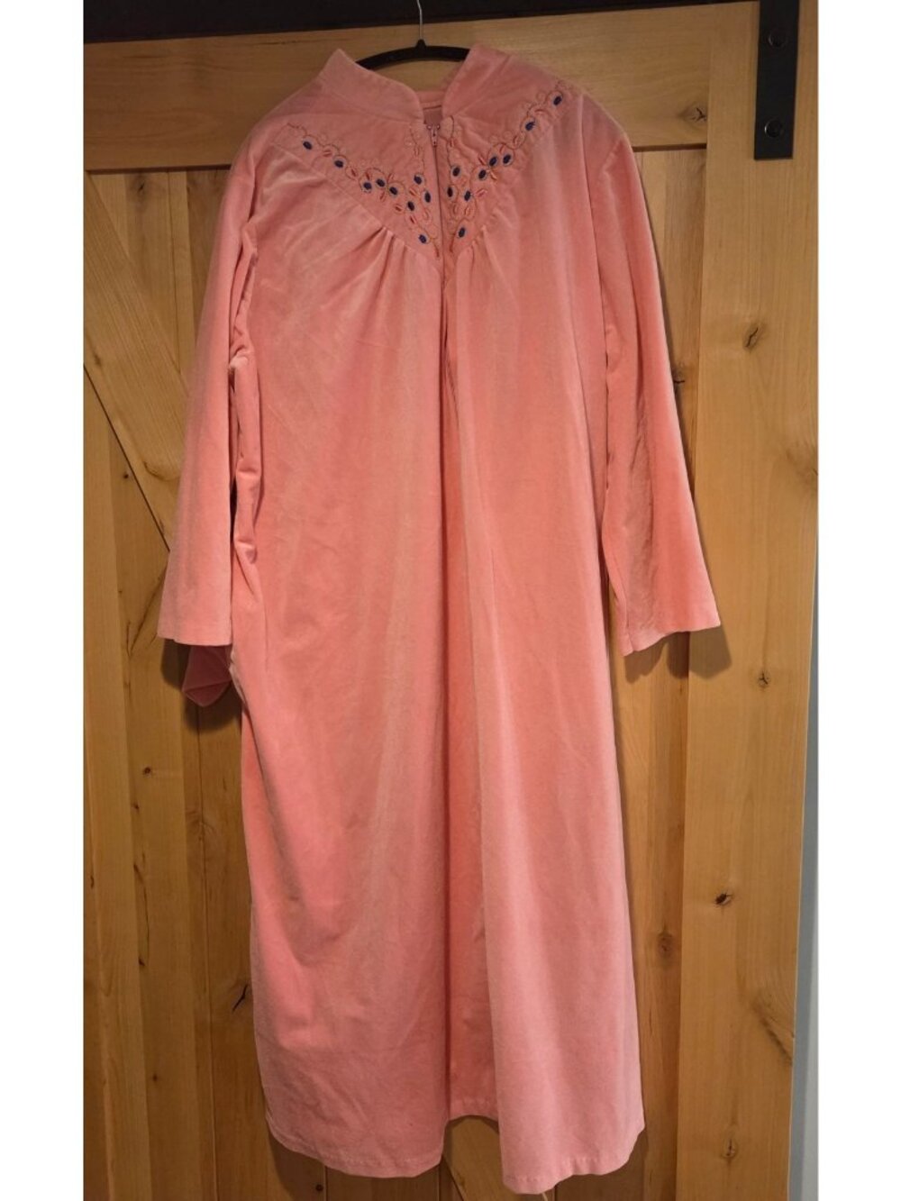 Vtg Heather Collection Robe 2X Pink Velour Long House Coat Embroidered Zip USA